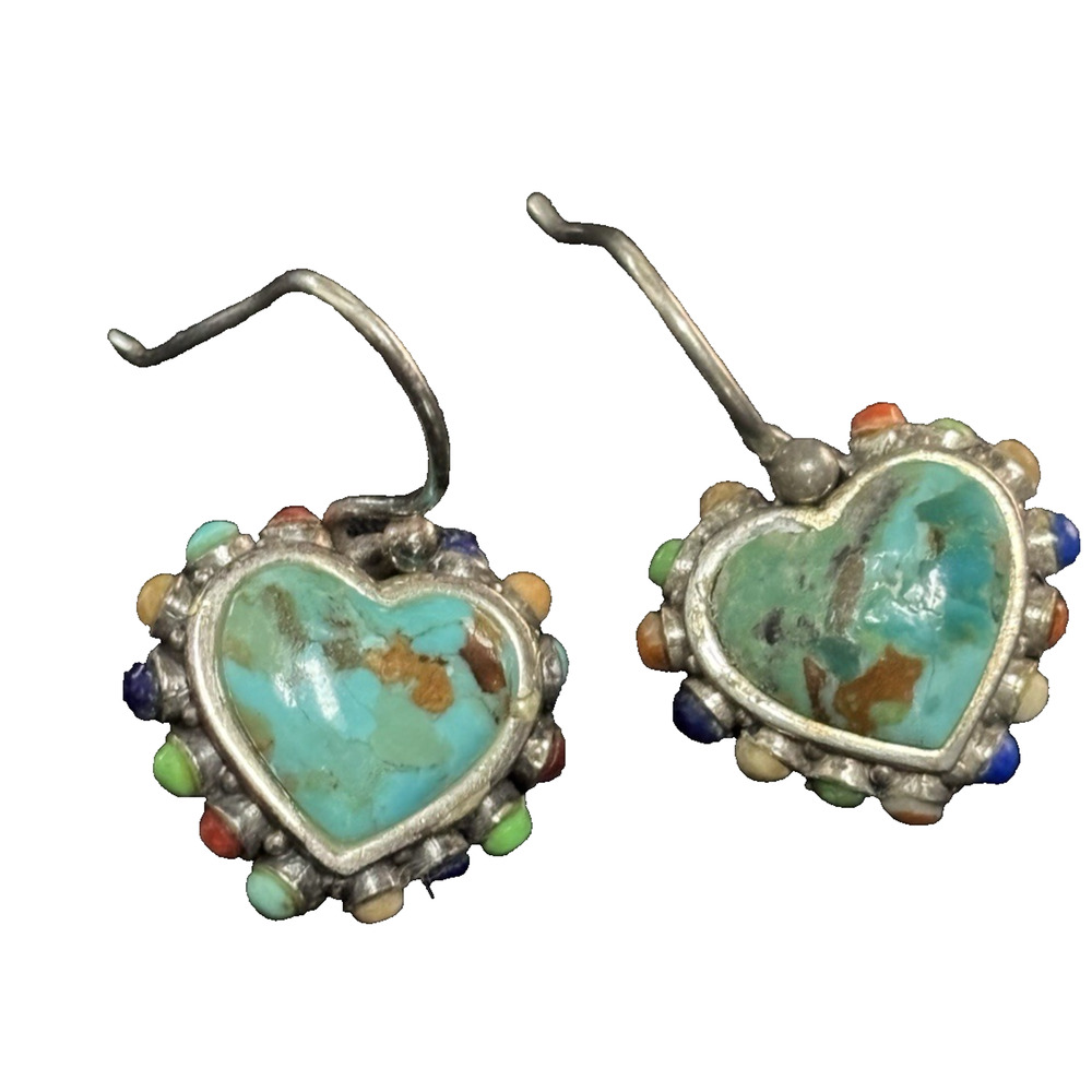 Barse 925 Sterling Turquoise Heart Dangle Earrings With Multi Gemstone Accent 1" - Picture 4 of 10